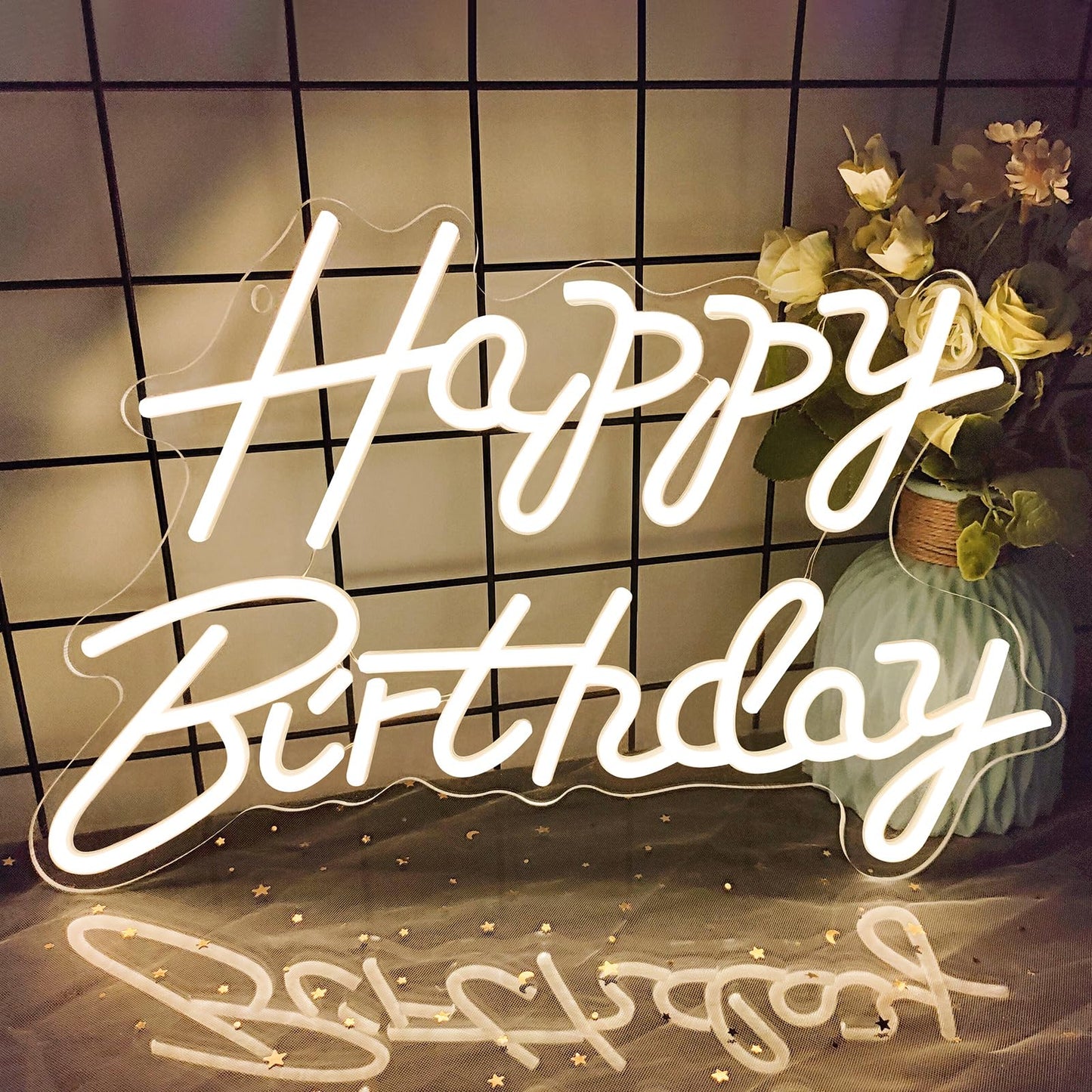 Happy Birthday Neon Signs for Party Decor Dimmable LED Birthday Neon Light for Wall Decor Light Up Happy Birthday Led Signs for Backdrop Birthday Any Ages Bday Celebration Decoration, Warm white