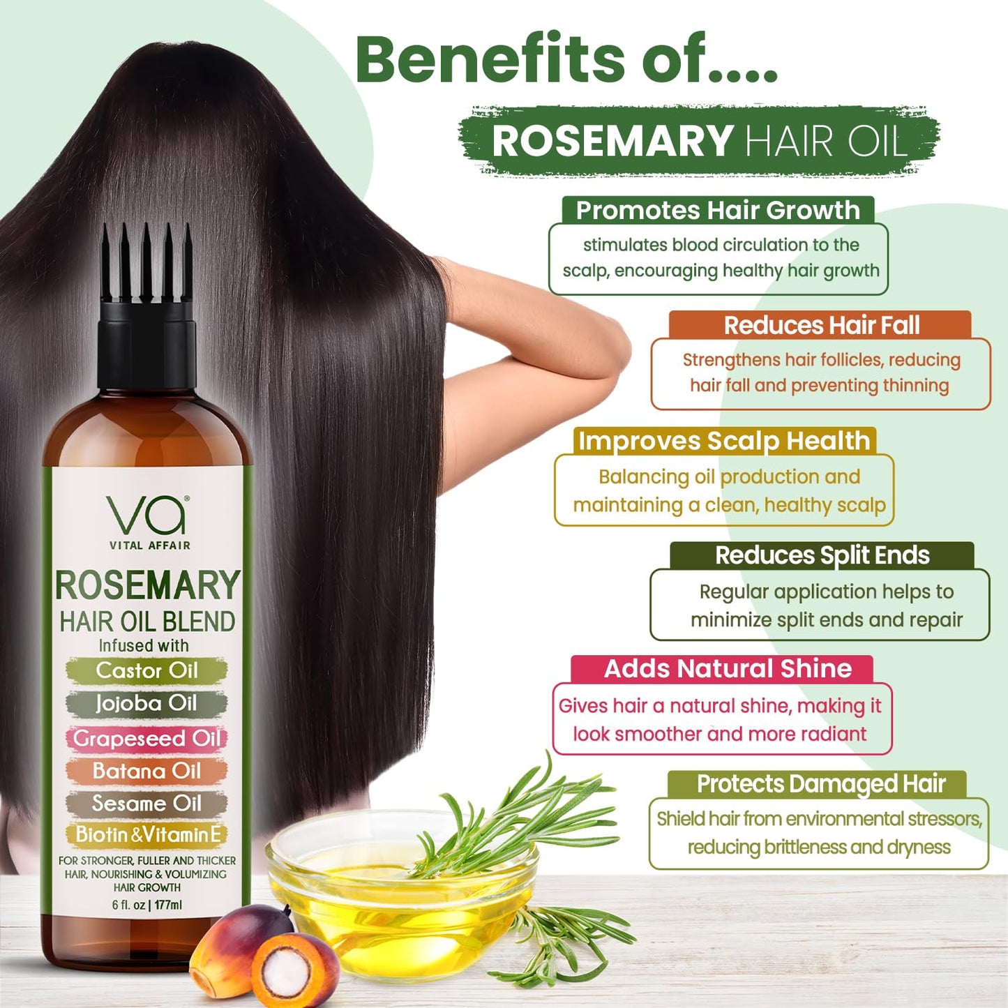 VITAL AFFAIR Blend Of Pure Rosemary Oil For Hair Growth With Castor, Batana, Jojoba Oil-Infused With Biotin & Vitamin E-Blend of Effective Hair Oils for Hair Growth-Strengthening Treatment 6 Fl Oz