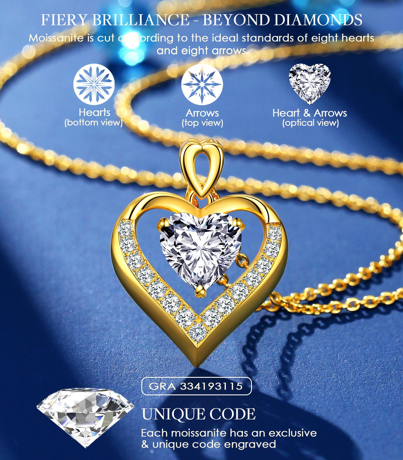 Beam & Bask 2 Ct Moissanite Double Heart Pendant Necklace for Wife, 18K Gold Plated S925 Silver Jewelry for Women Girlfriend Mom Her on Anniversary Birthday