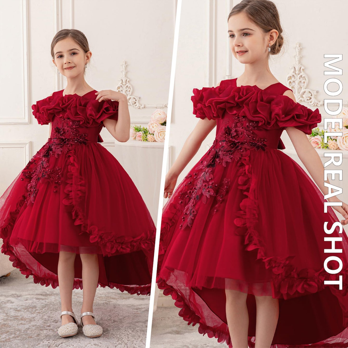 Zvzio Girl's Princess Dress, Birthday Party, Pageant Gown - Ruffle Tulle Satin Princess Dresses with Kids Train Red