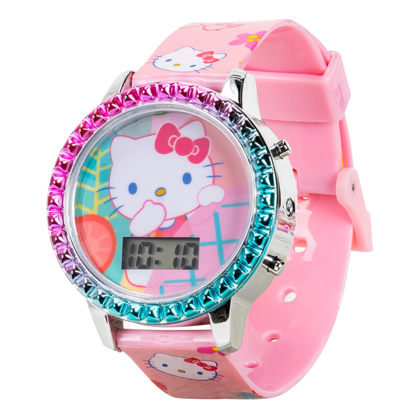 Accutime Sanrio Hello Kitty Girls' Digital LCD Quartz Watch with Pink Strap and Colorful Bezel - Fun LED Light Show - Easy to Read Time for Kids - Fits Wrist 5.5"-8"