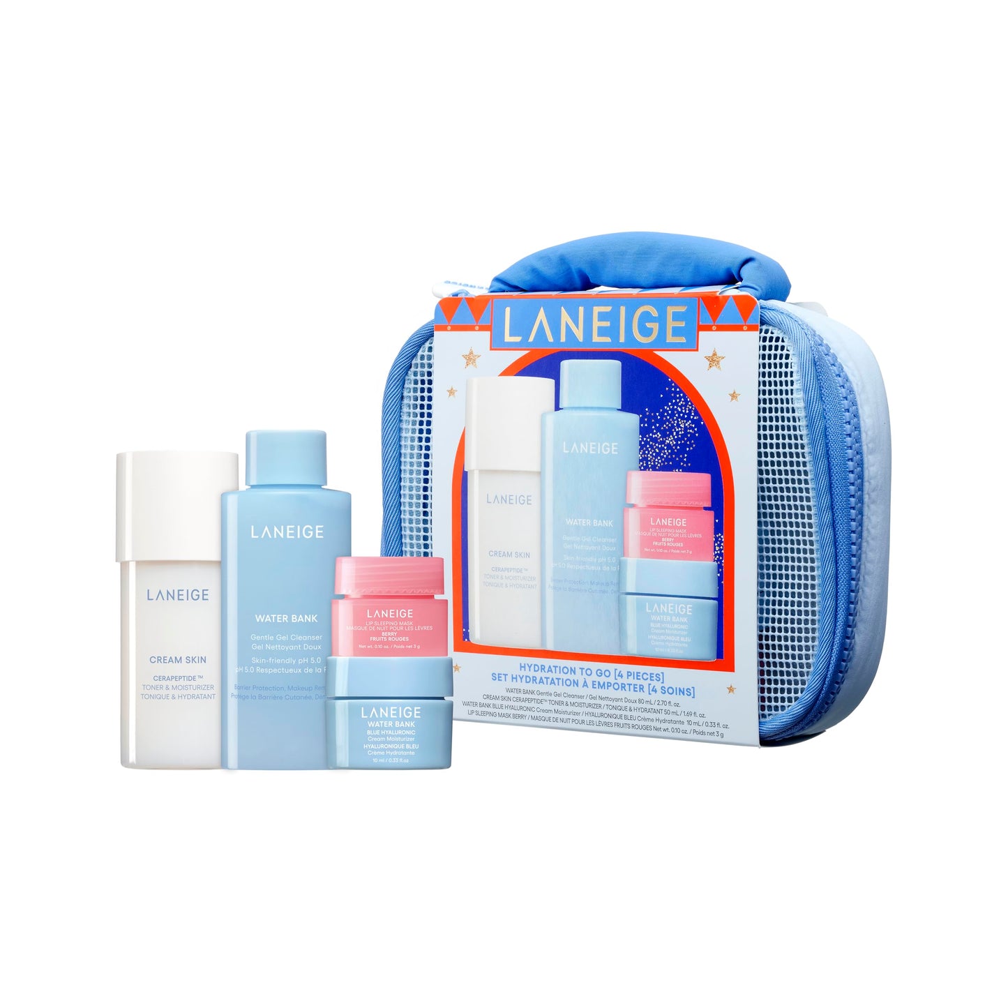 LANEIGE Hydration To Go Set: Skincare Gift Set for a Barrier-Boosting Cleanse, Deep Hydration, & Soft Nourished Lips in a Beauty Pouch